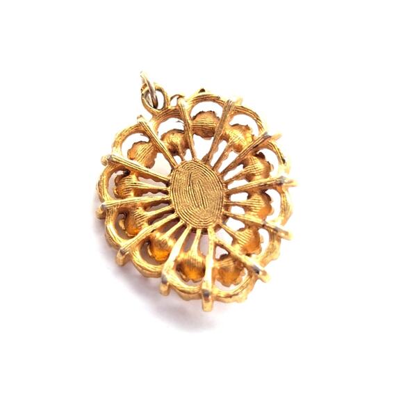 Vintage Estate Gold Tone Floral Ruby Red Glass Cabochon Necklace Pendant - Picture 2 of 3